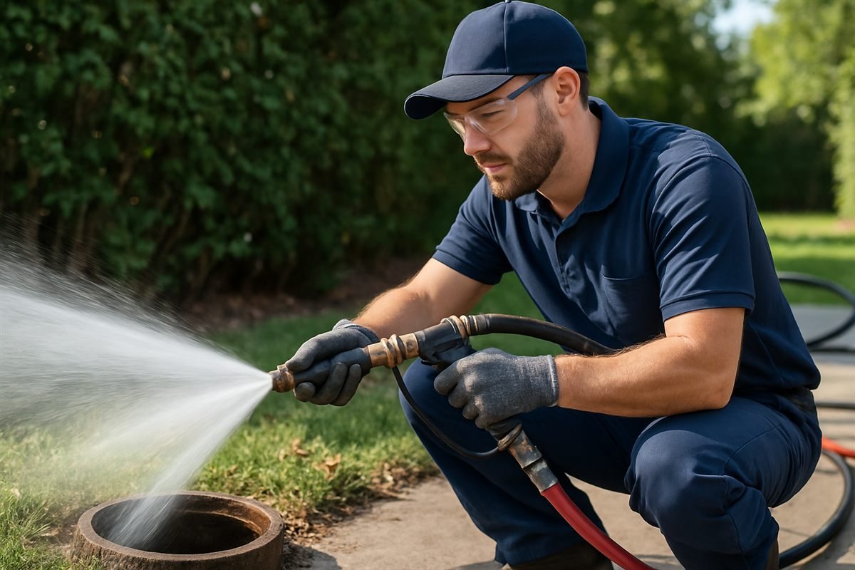 Technician hydro jetting a clogged drain line