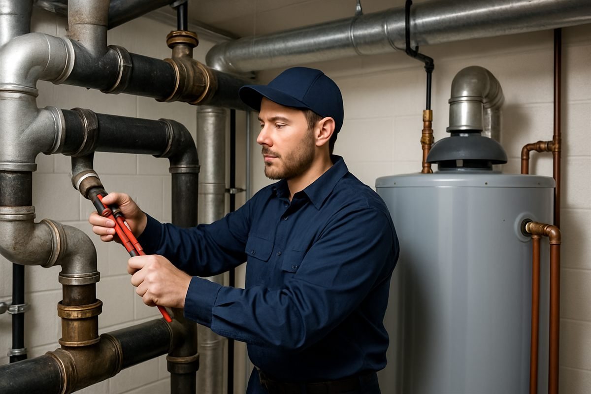 Plumber working on drain and waste piping