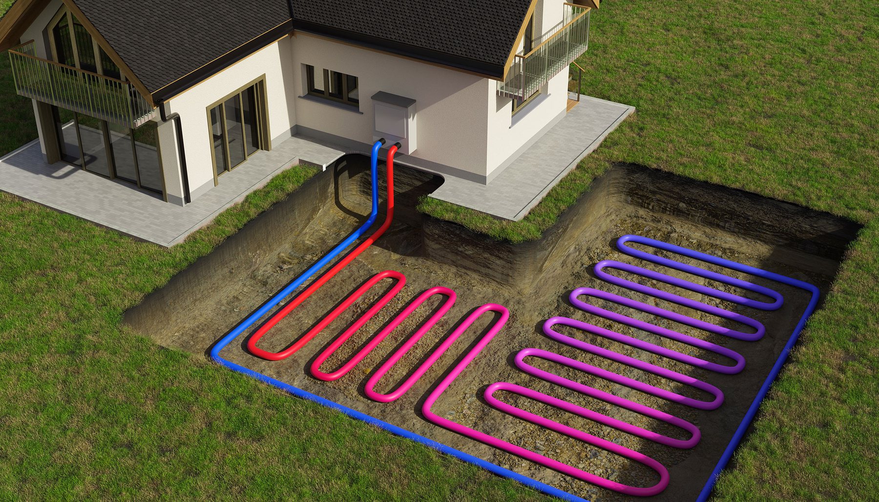 Geothermal ground loop field installed beside a home